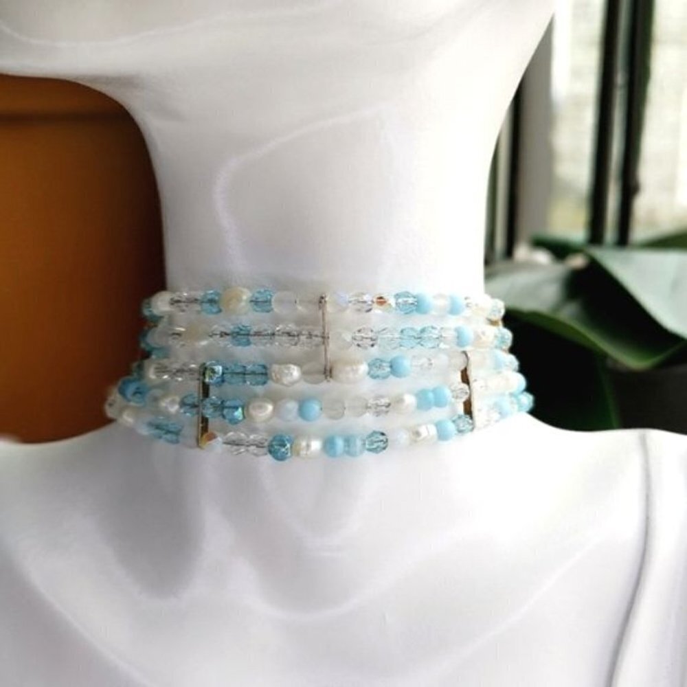 CUSTOM made choker necklace blue crystal white freshwater pearl